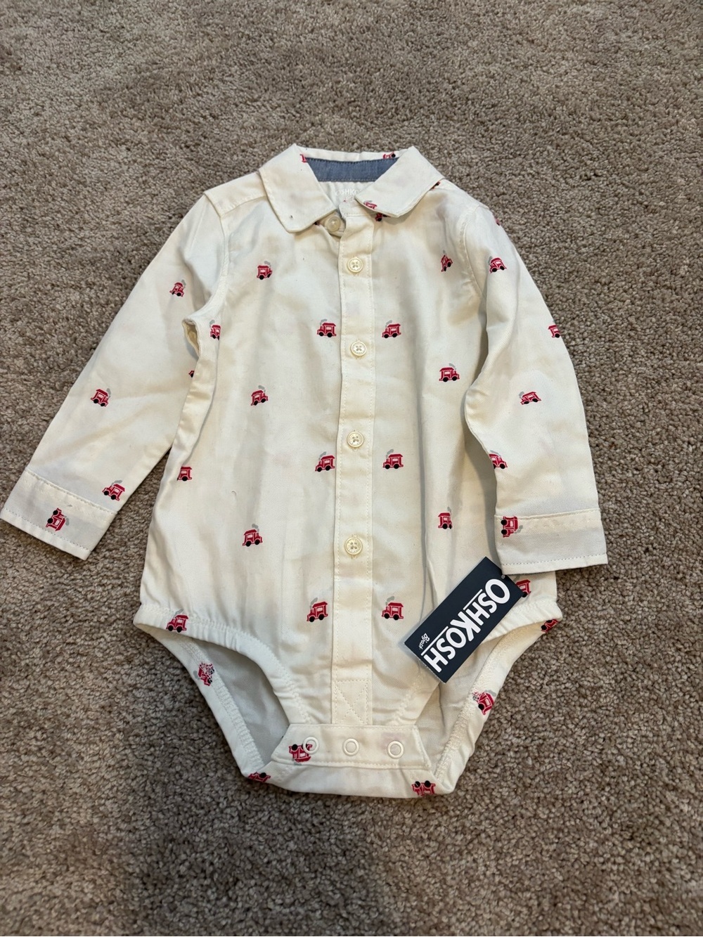 OshKosh B'gosh Cream Button-Front One-Piece with Red Car Motif